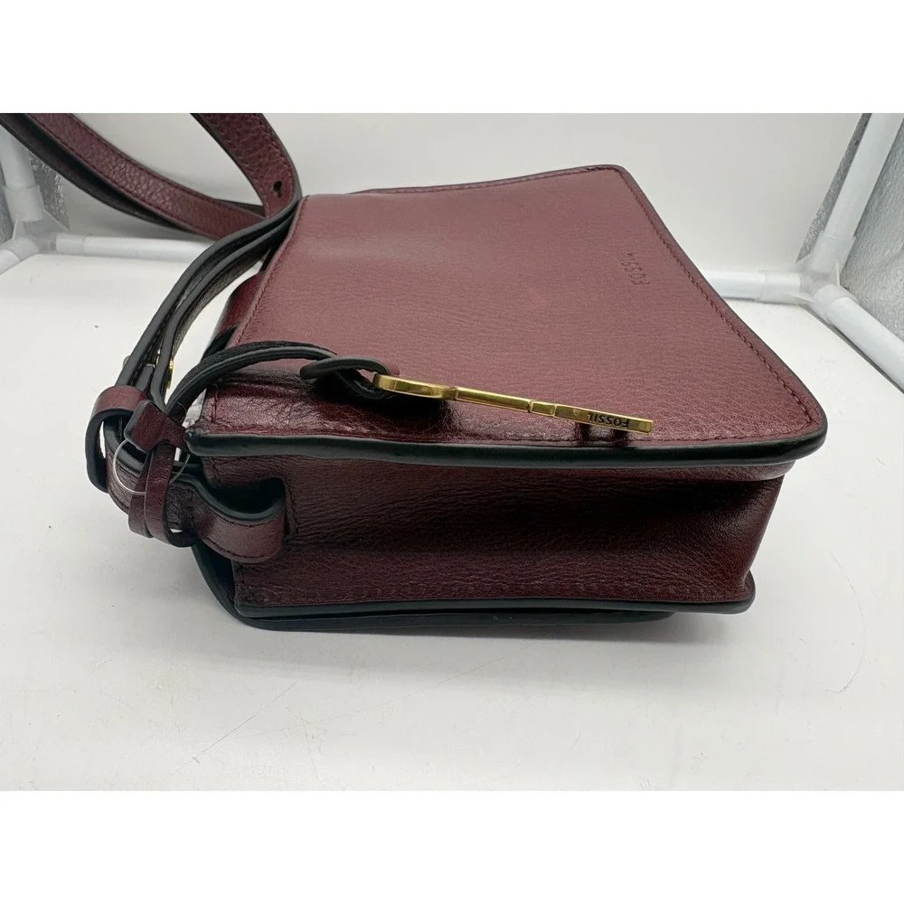 Fossil Wiley Top Handle Crossbody Saddle Bag Burgundy Wine Claret Leather Brass